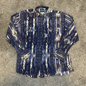 Vintage Wrangler Shirt Mens Large Blue Aztec Southwestern Cowboy Pearl Snaps